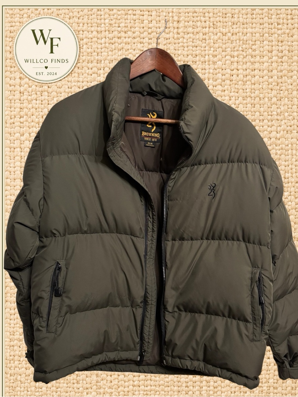 Browning Men’s M Olive Green Down Puffer Jacket Full Zip Hunting Outdoor Coat